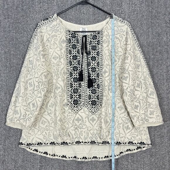 Ivy Jane Blouse Womens M Ivory Black Woven Aztec Southwest Print Boxy Boho Shirt - Picture 3 of 11